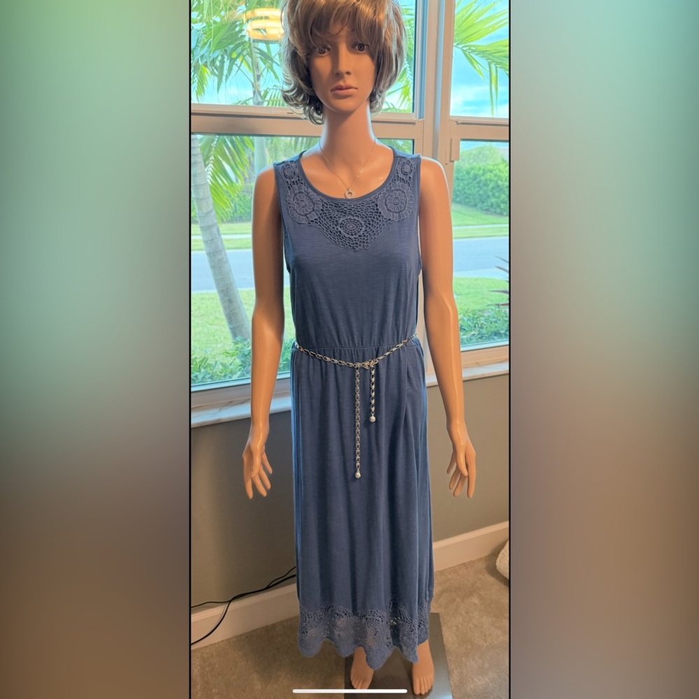 Chico's Blue Midi Dress Chico’s Size 1 Lace Look Accent on V Neck & Hem
